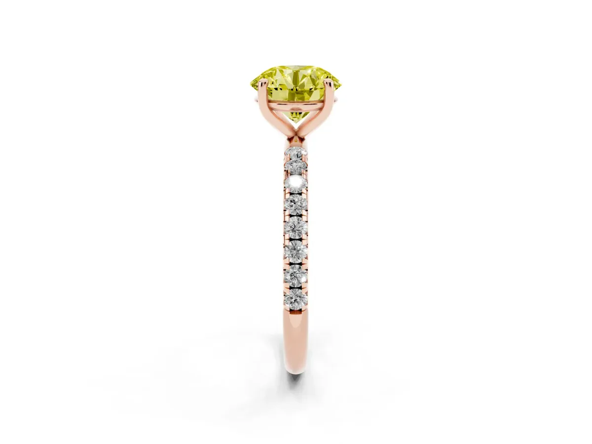 Fancy Yellow Round Cut Cut Diamond Solitaire Ring with Micro Pave Band and Four Prong Setting Rose gold