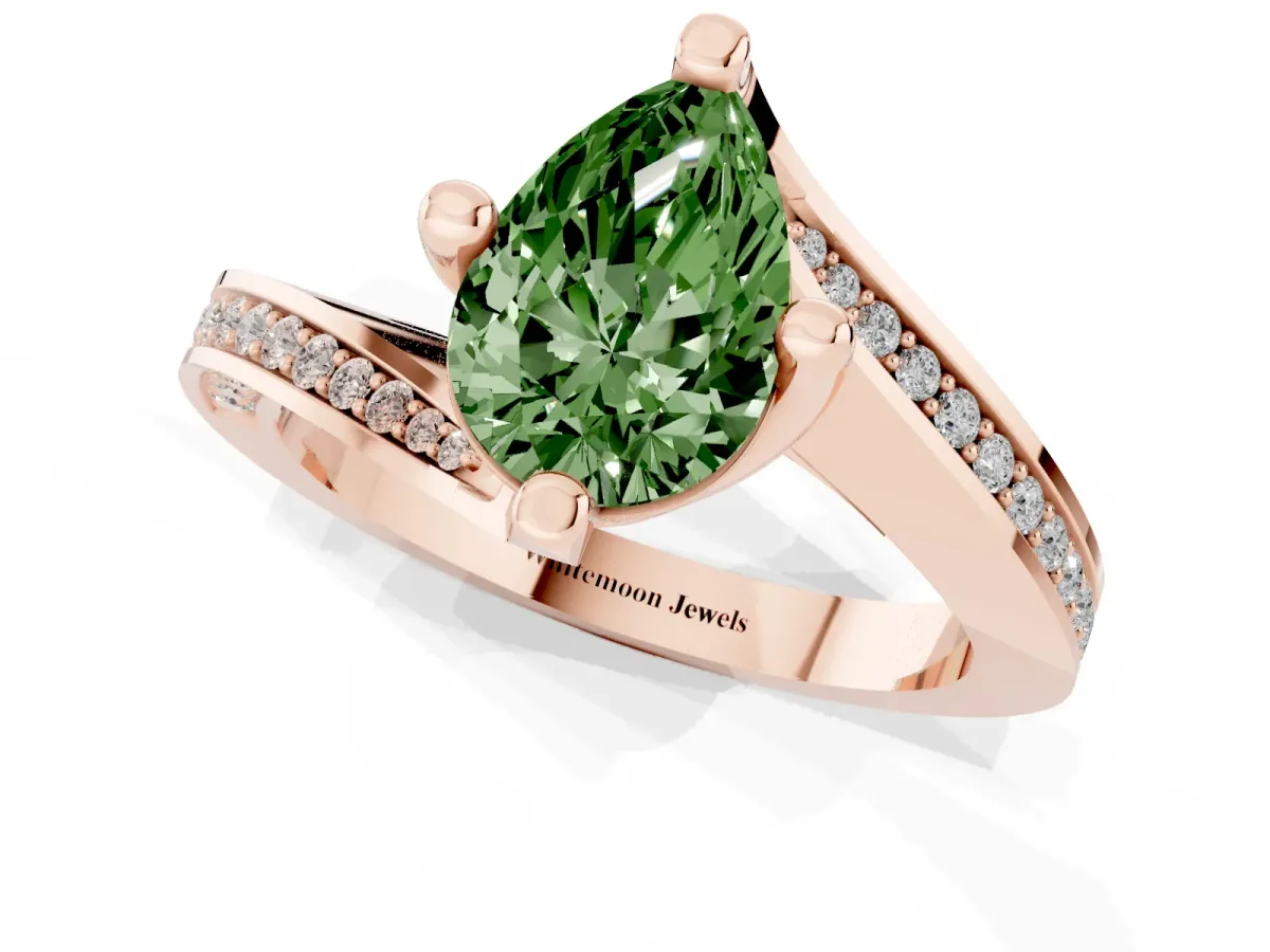 Fancy Green Pear Cut Solitaire Diamond Twist Band with Pavé Setting and Four-Prong Setting Rose gold