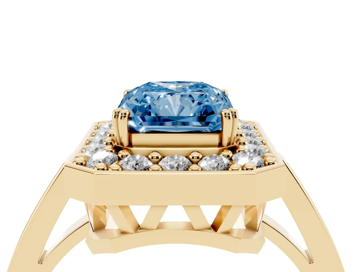 Fancy Blue Radiant Cut Diamond Halo Ring with Split Shank and Four-Prong Setting Yellow gold