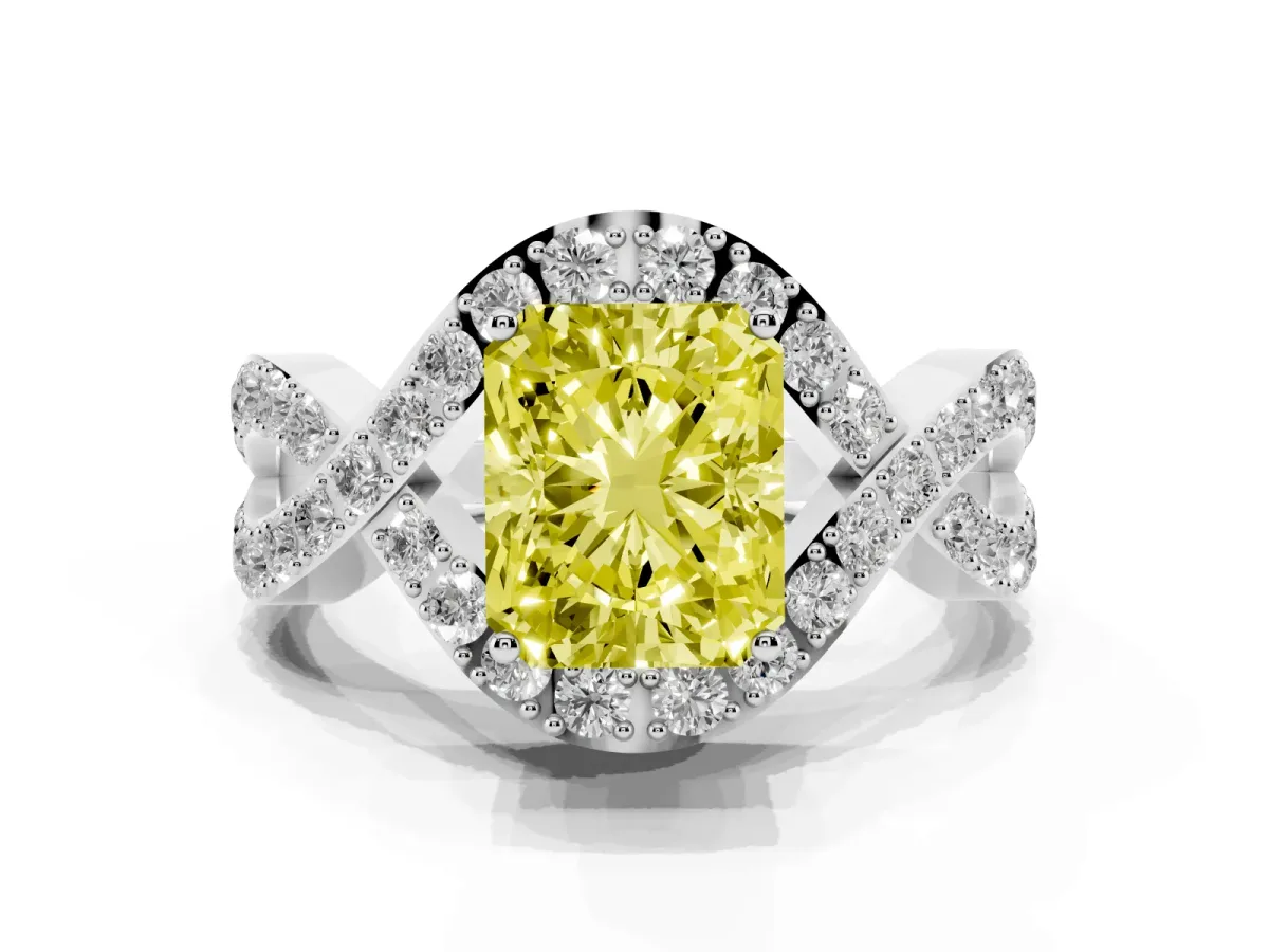Fancy Yellow Radiant Cut Solitaire Twist Band Pavé Diamond Engagement Ring White gold