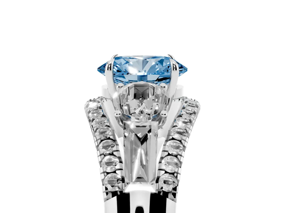 Fancy Blue Three-Stone Oval Cut Diamond Engagement Ring with Pave Band and Prong Setting Silver