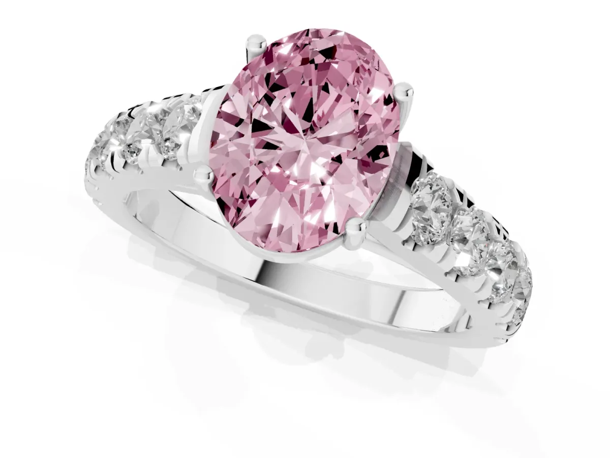 Fancy Pink Oval Cut Cut Diamond Solitaire Ring with Micro Pave Band and Prong Setting Silver