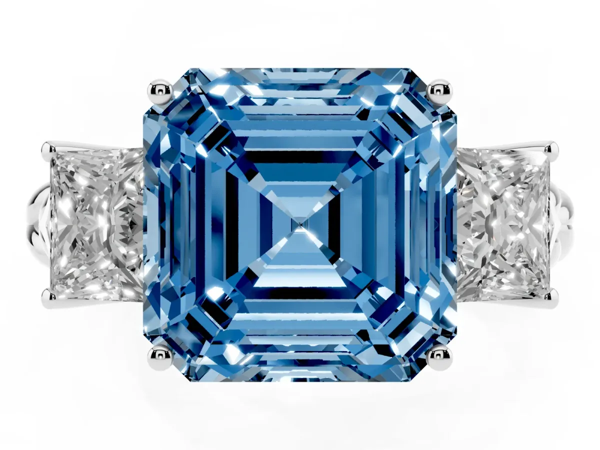 Fancy Blue Three-Stone Asscher Cut Diamond Braided Band Ring with Four-Prong Setting Platinum