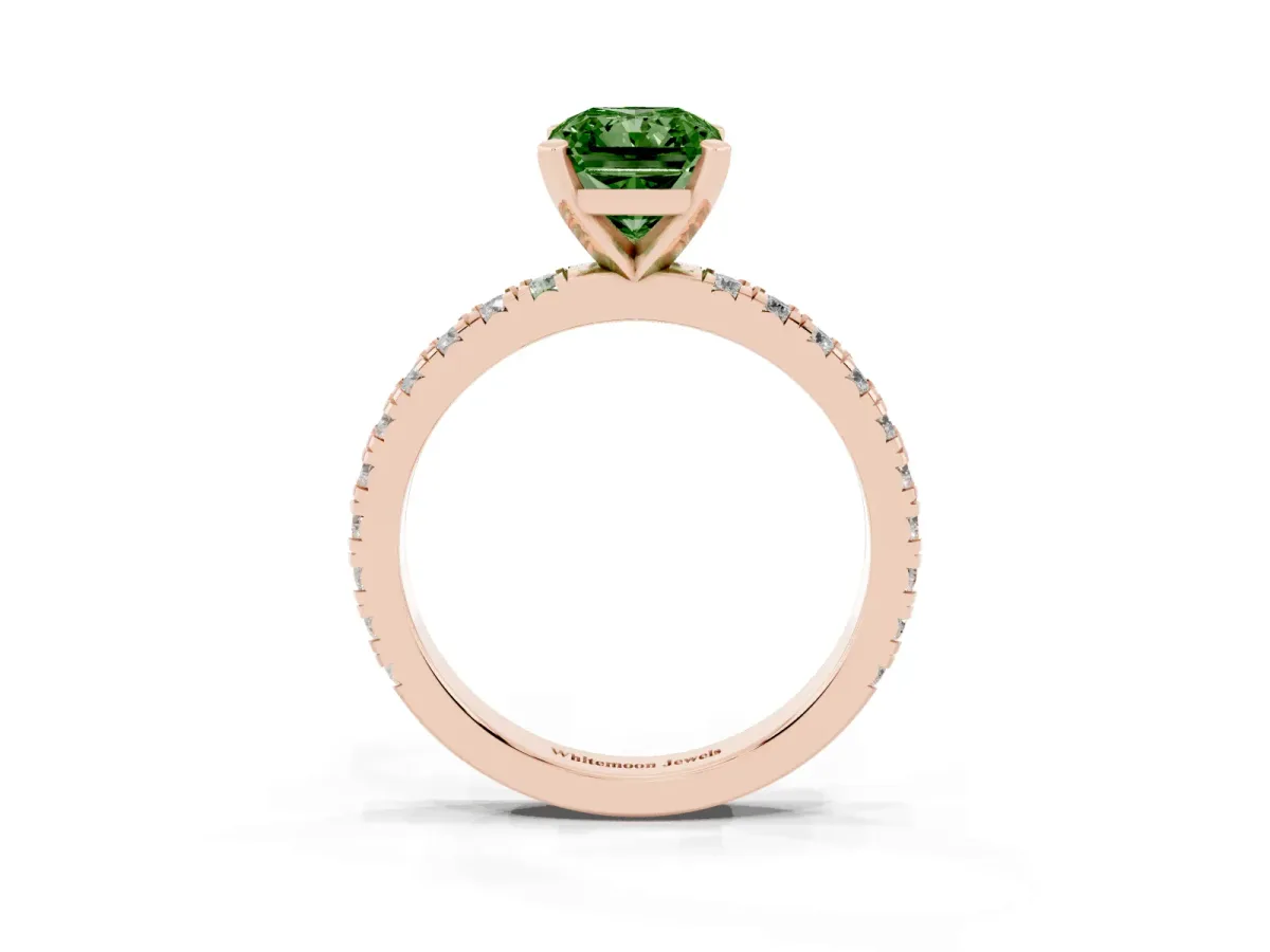 Fancy Green Radiant Cut Diamond Pavé Band Solitaire with Four-Prong Setting Rose gold