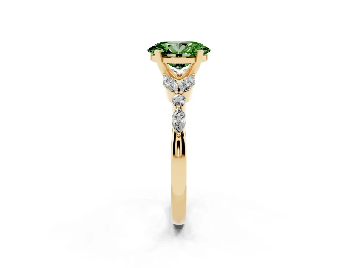 Fancy Green Oval Cut Diamond Solitaire Ring with Side Stones and Four-Prong Setting Yellow gold
