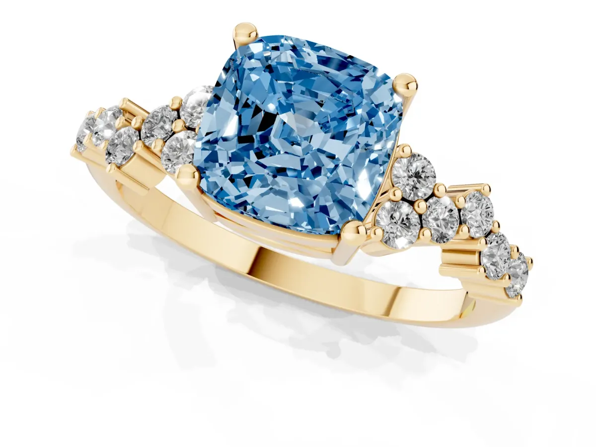 Fancy Blue Cushion Cut Diamond Scattered Round Accent Ring with Prong Setting Yellow gold