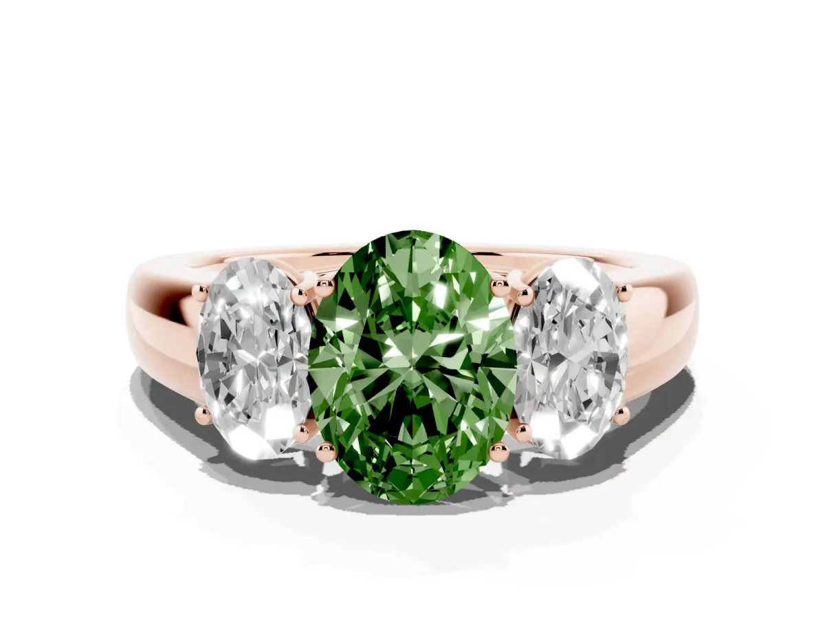 Fancy Green Three-Stone Oval Cut Cut Diamond Ring with Prong Setting and Classic Band Rose gold