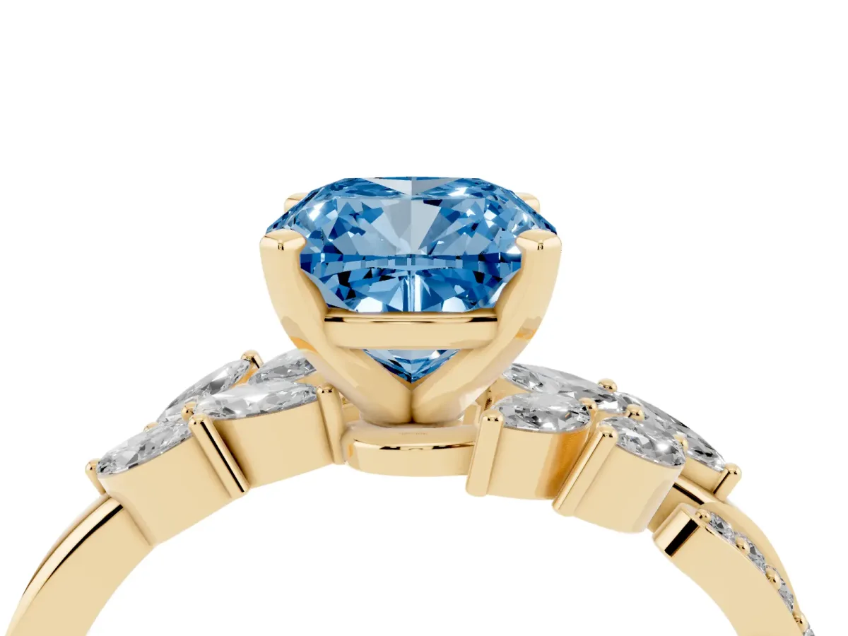 Fancy Blue Cushion Cut Solitaire Marquise Twist Band with Six-Prong Setting Yellow gold
