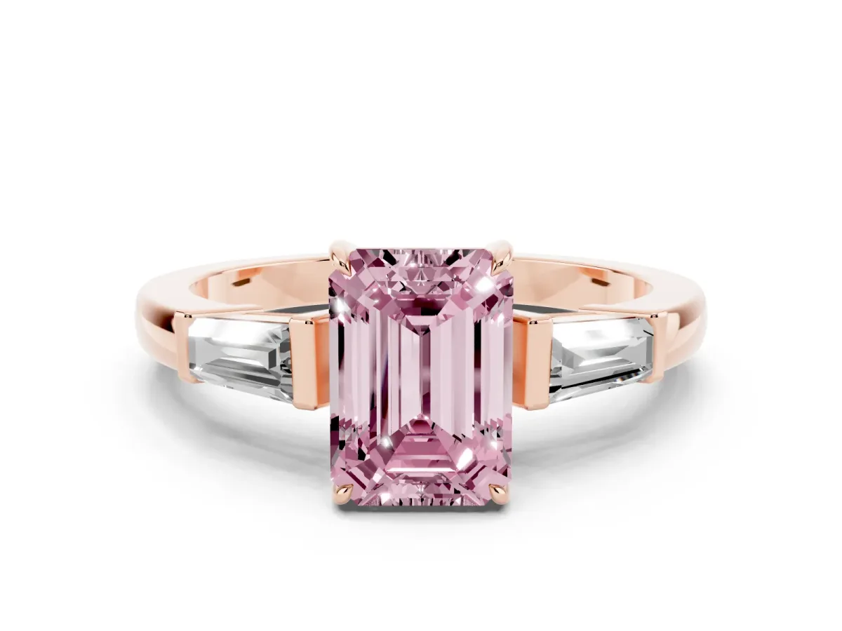 Fancy Pink Emerald Cut Diamond Three-Stone Ring with Tapered Baguette Side Stones and Prong Setting Rose gold
