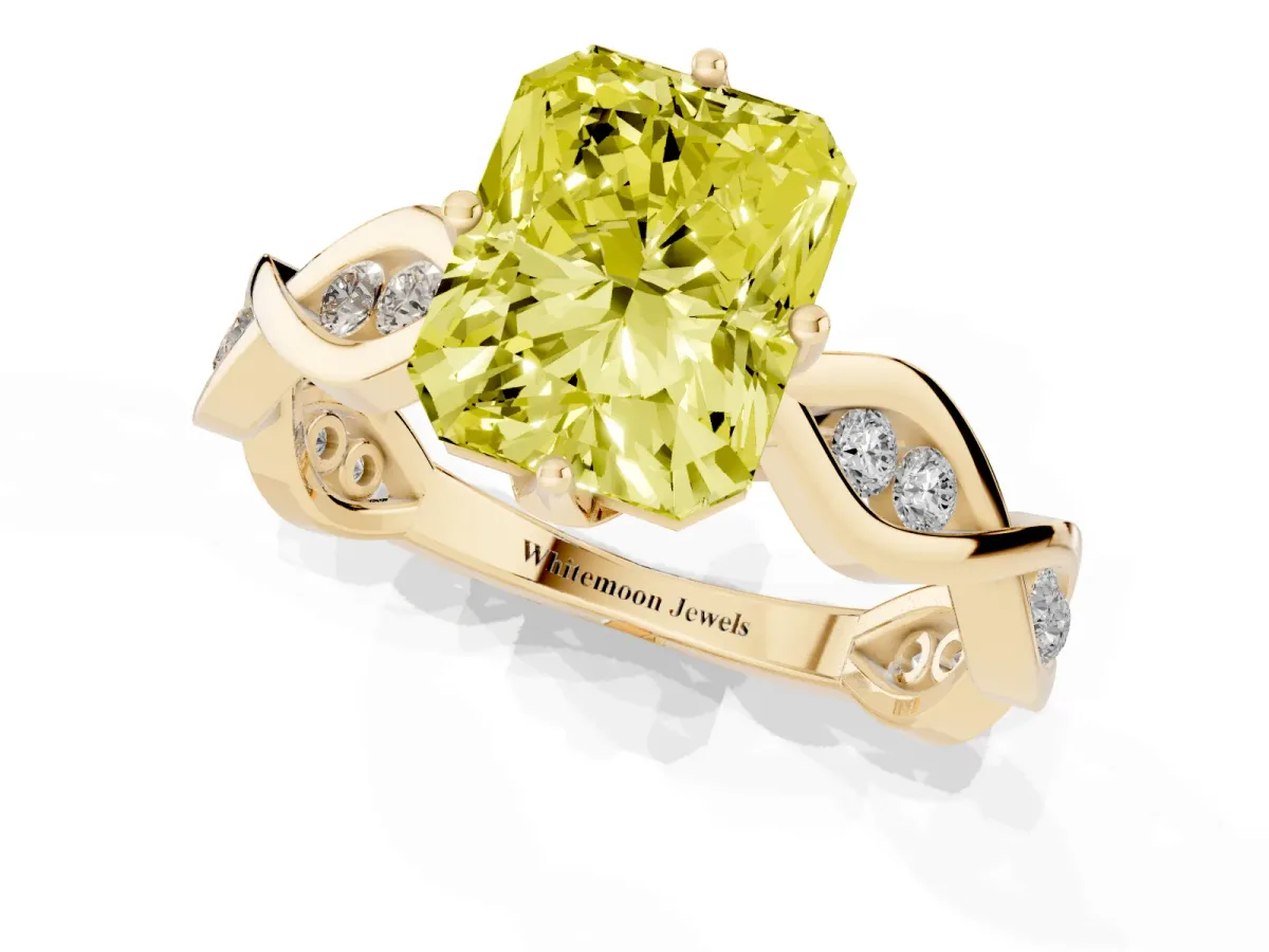 Fancy Yellow Radiant Cut Solitaire Twist Band with Leaf Prong Setting Yellow gold