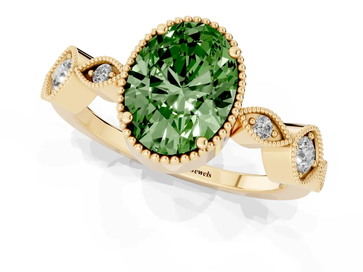 Fancy Green Oval Cut Diamond Vintage Milgrain Ring with Round Stations Yellow gold