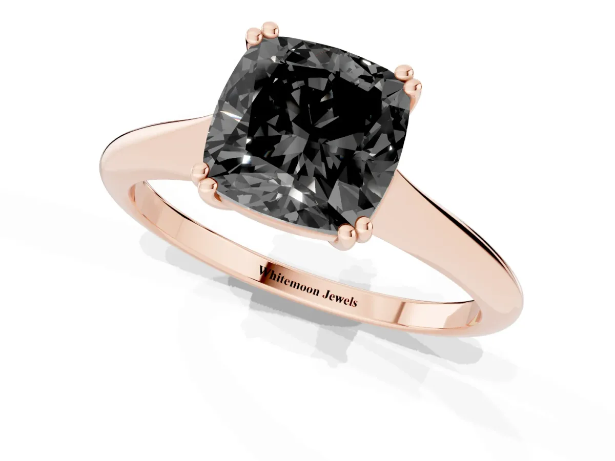 Fancy Black Cushion Cut Solitaire Diamond Ring with Six-Prong Setting and Classic Band Rose gold