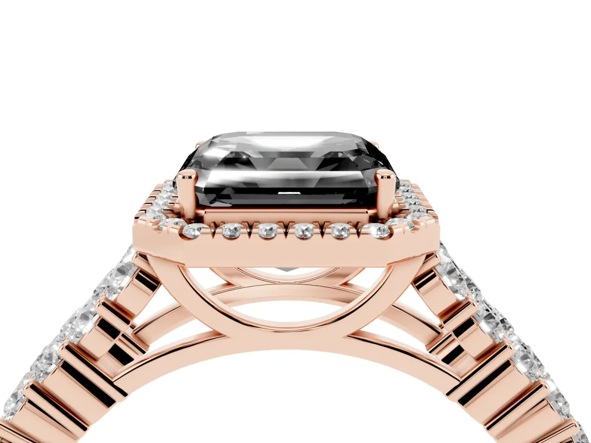 Fancy Black Asscher Cut Diamond Halo Engagement Ring with Triple Row Round Pavé Band and Prong Setting Rose gold