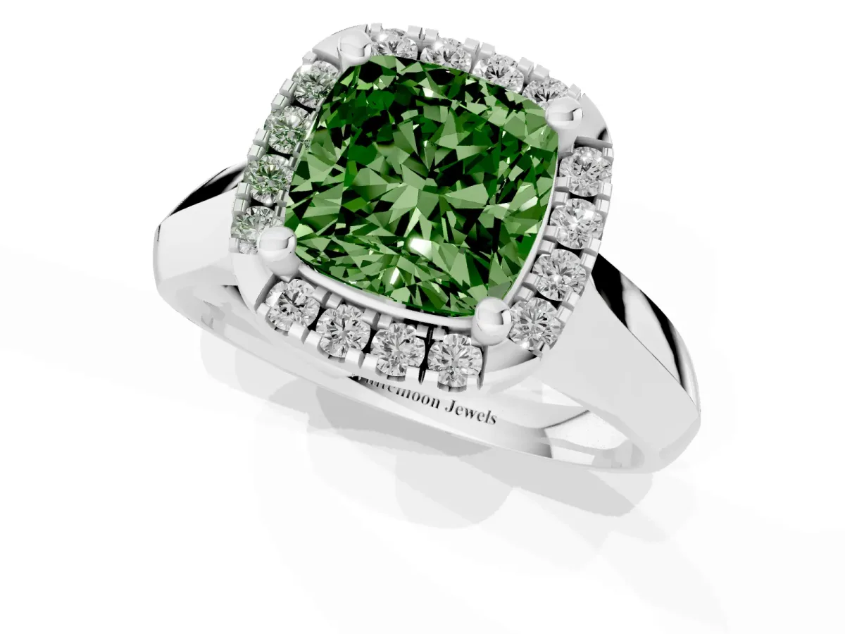 Fancy Green Cushion Cut Cut Halo Solitaire Engagement Ring with Square Band and Four-Prong Setting White gold