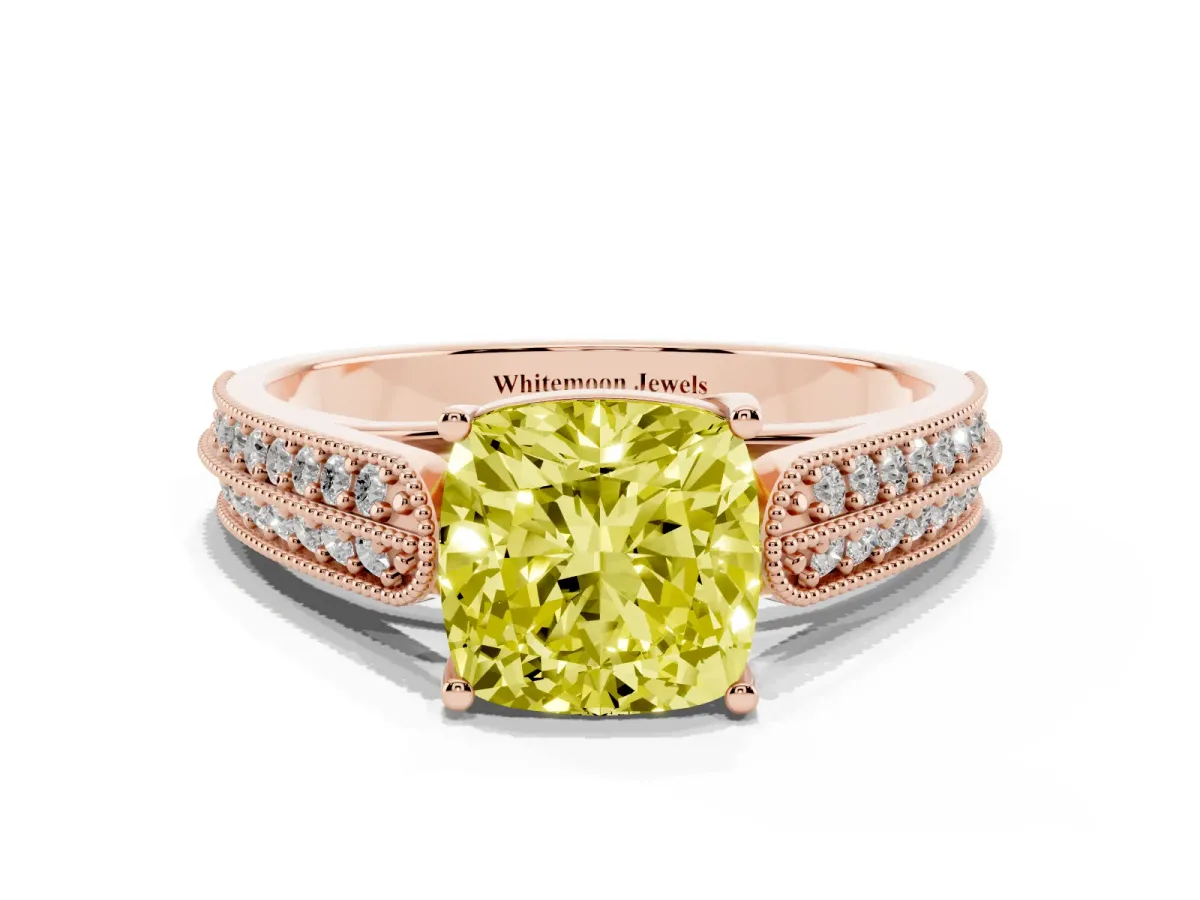 Fancy Yellow Cushion Cut Cut Pave Split Shank Engagement Ring with Four-Prong Setting Rose gold