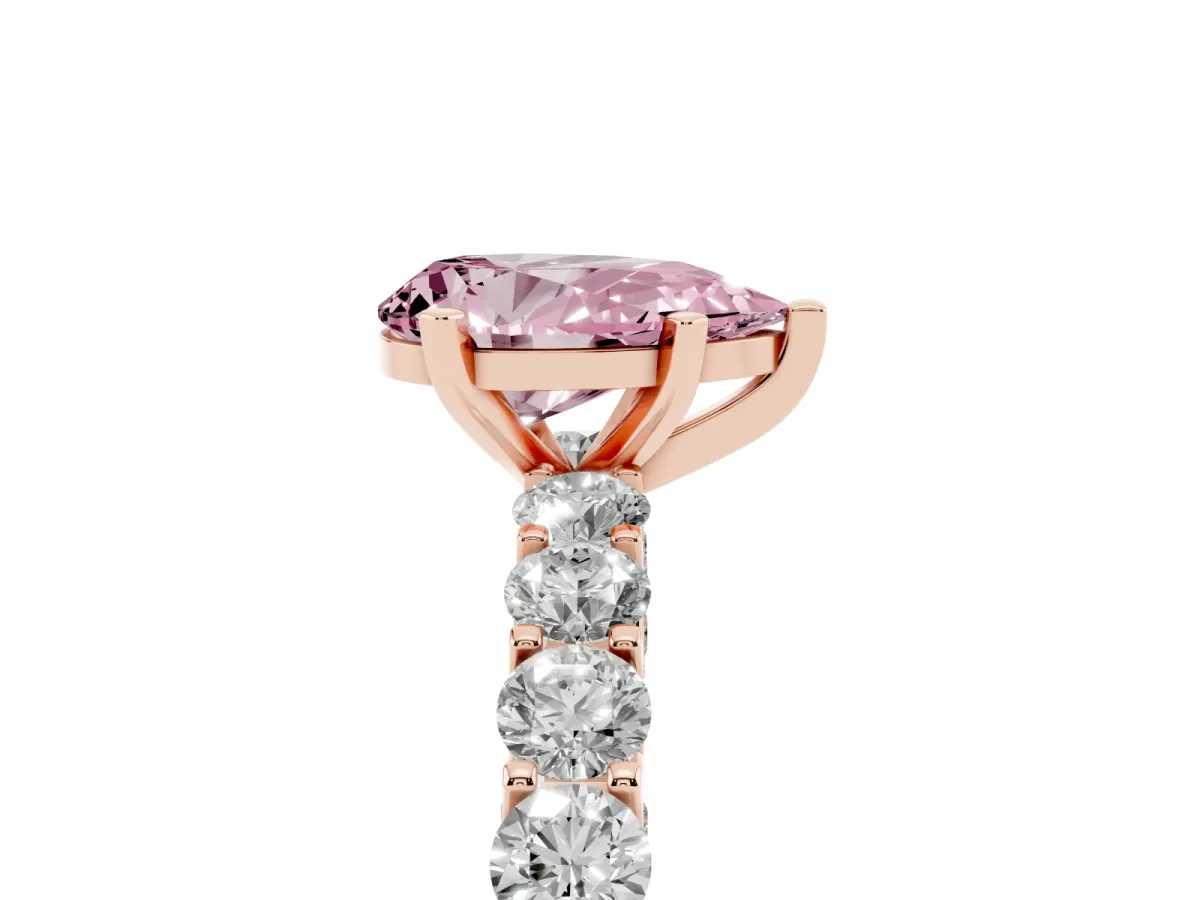 Fancy Pink Pear Cut Diamond Solitaire Ring with Shared Prong Pavé Band and Four-Prong Setting Rose gold