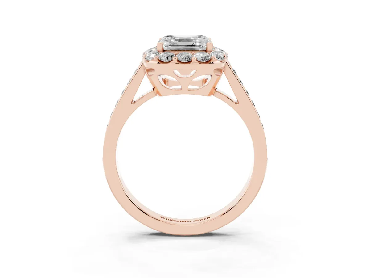 Asscher Cut Diamond Floral Halo Ring with Pavé Band and Prong Setting Rose gold