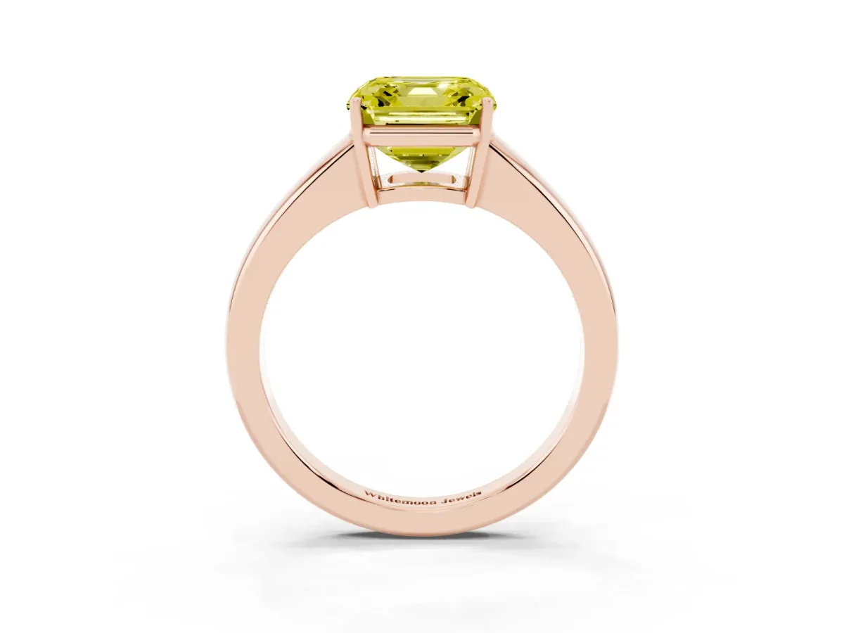 Fancy Yellow Asscher Cut Solitaire Diamond Ring with Tapered Band and Four-Prong Setting Rose gold