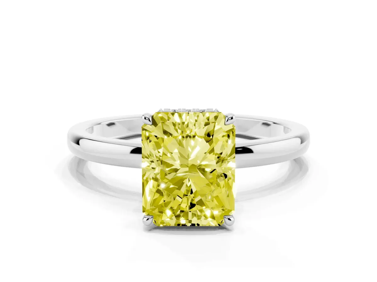 Fancy Yellow Radiant Cut Solitaire Engagement Ring with Cathedral Band and Four-Prong Setting Silver
