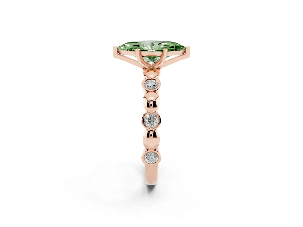 Fancy Green Marquise Cut Solitaire Bezel-Set Diamond Ring with Beaded Band and Four-Prong Setting Rose gold