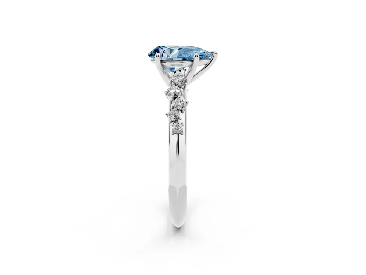 Fancy Blue Pear Cut Diamond Cluster Side Stone Solitaire Ring with Prong Setting Silver