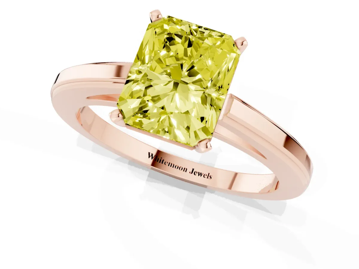 Fancy Yellow Radiant Cut Solitaire Diamond Ring with Four-Prong Setting and Classic Band Rose gold