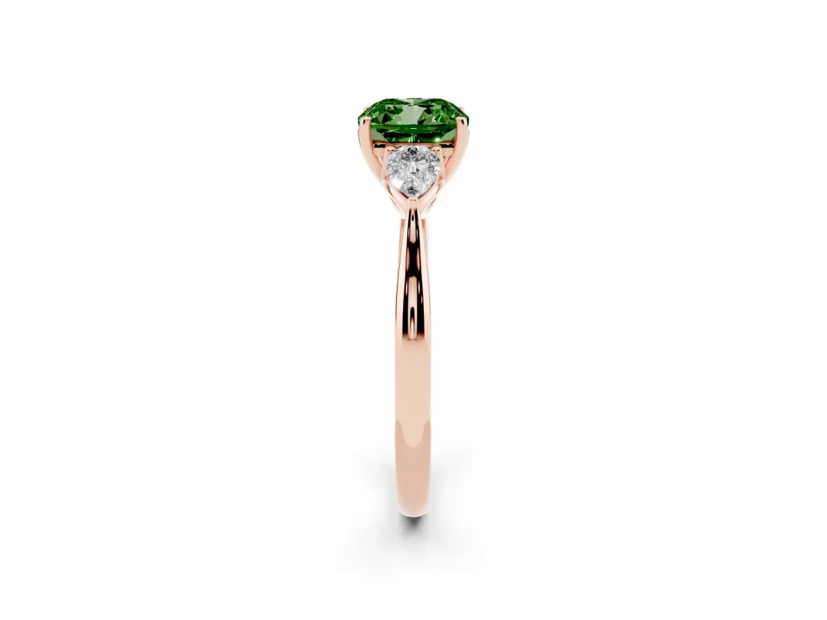 Fancy Green Cushion Cut Diamond Three-Stone Ring with Pear Side Stones and Prong Setting Rose gold