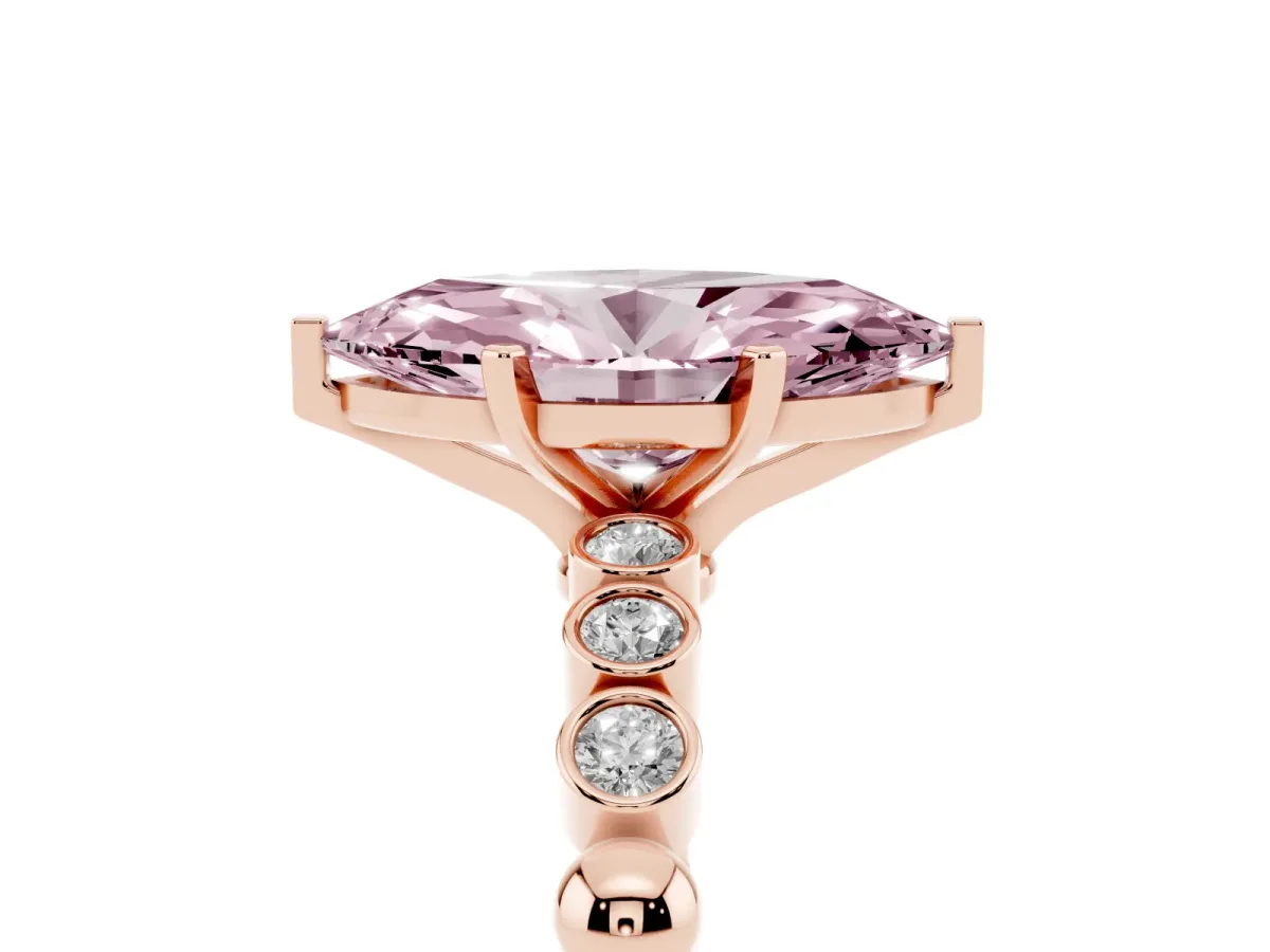 Fancy Pink Marquise Cut Solitaire Bezel Accent Diamond Engagement Ring with Beaded Band and Four-Prong Setting Rose gold