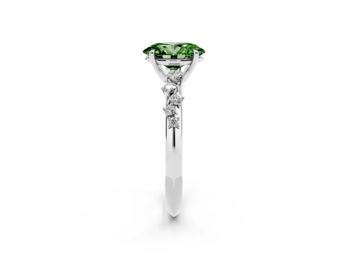 Fancy Green Oval Cut Diamond Cluster Side Stone Solitaire Ring with Prong Setting White gold
