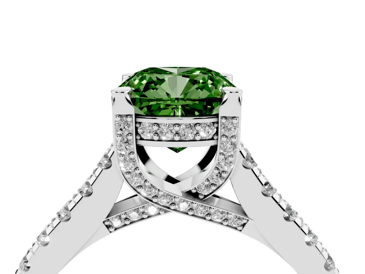 Fancy Green Cushion Cut Brilliant Diamond Solitaire with Pavé Band and Four-Prong Setting Silver