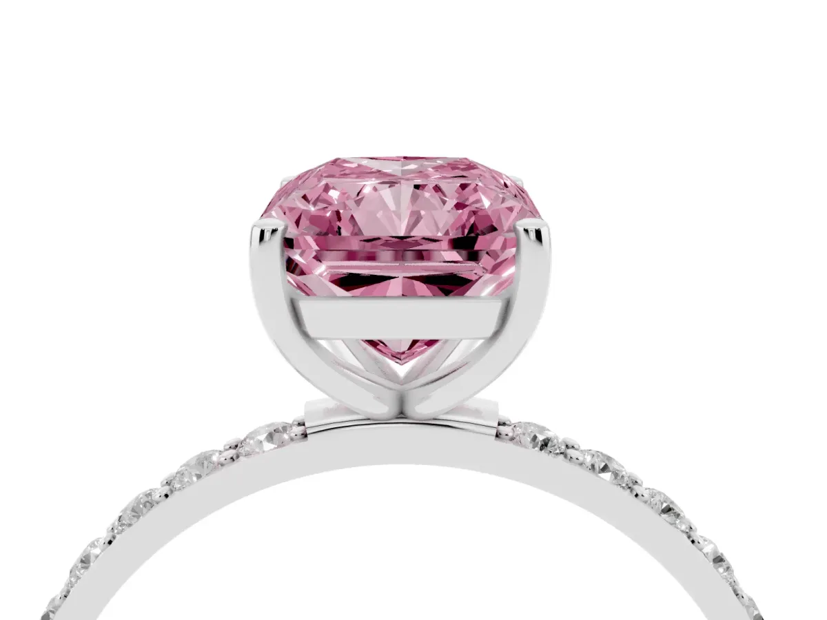 Fancy Pink Radiant Cut Diamond Solitaire Ring with Round Pavé Shoulders and Prong Setting Silver