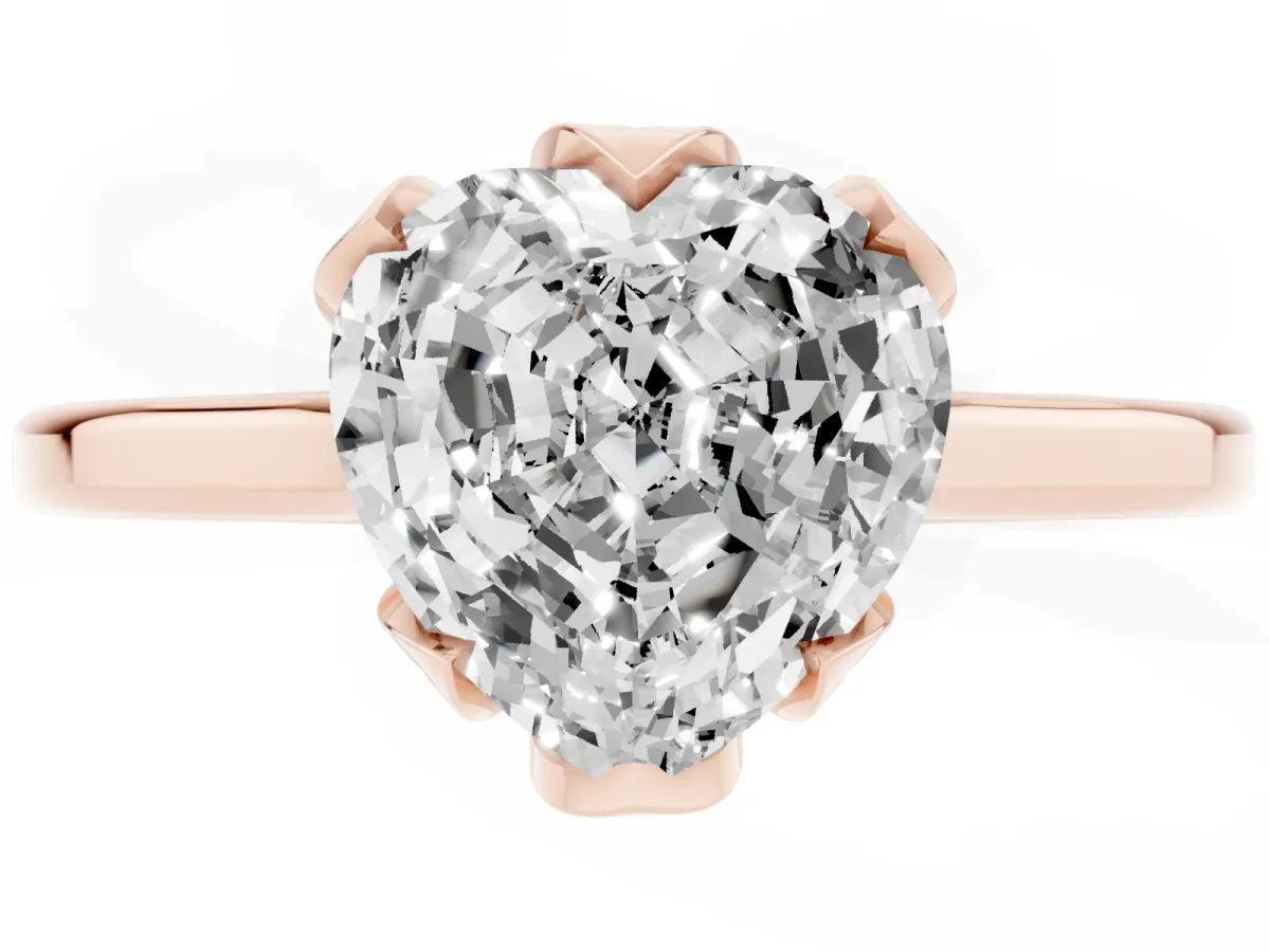 Heart Cut Diamond Solitaire Ring with Flower Prong Setting and Classic Band Rose gold
