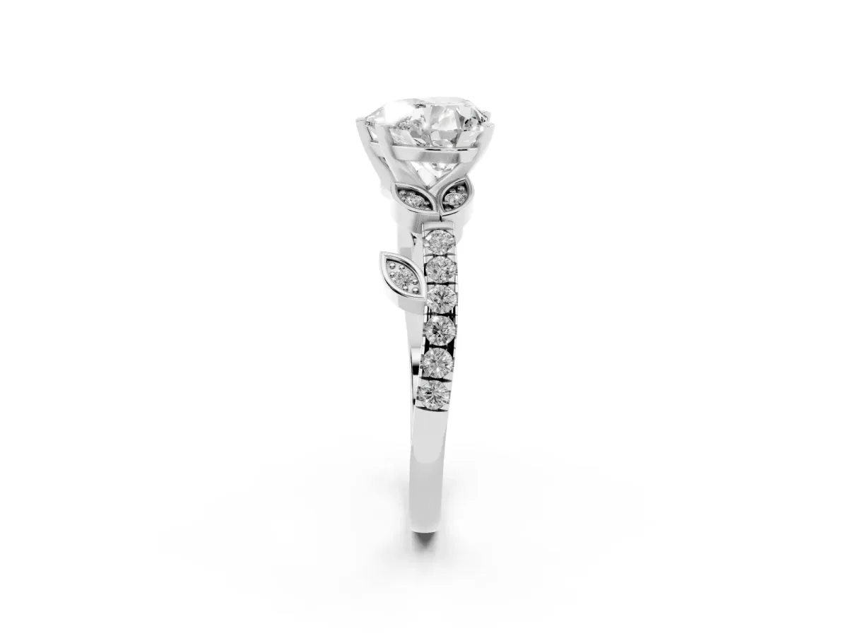 Heart Cut Solitaire Leaf-Inspired Diamond Ring with Pavé Band and Four-Prong Setting Silver