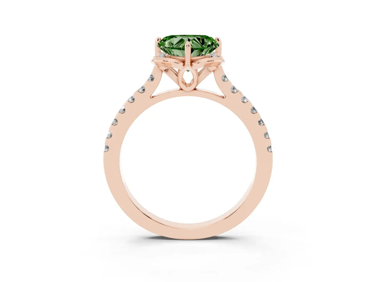 Fancy Green Heart Cut Diamond Ring with Pavé Band and Floral Prong Setting Rose gold
