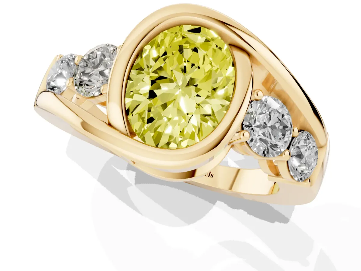 Fancy Yellow Bezel Set Oval Cut Diamond Bypass Ring with Round Accents Yellow gold