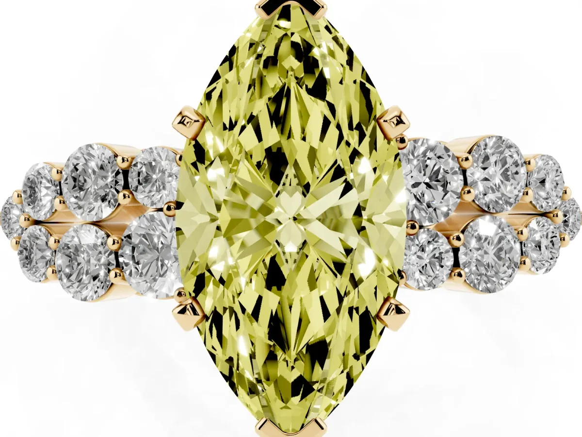 Fancy Yellow Marquise Cut Cluster Diamond Engagement Ring with Pavé Band and Four-Prong Setting Yellow gold