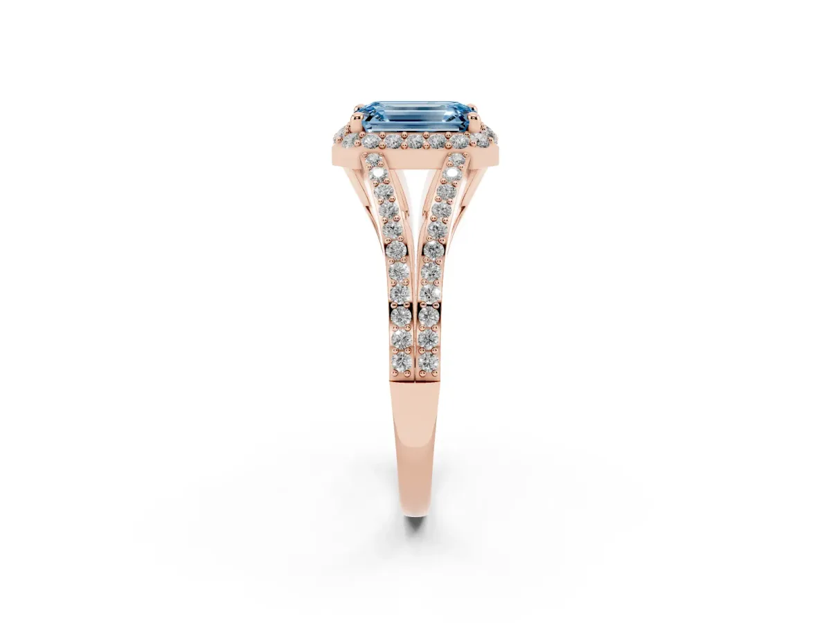 Fancy Blue Emerald Cut Halo Split Shank Diamond Ring with Prong Setting Rose gold