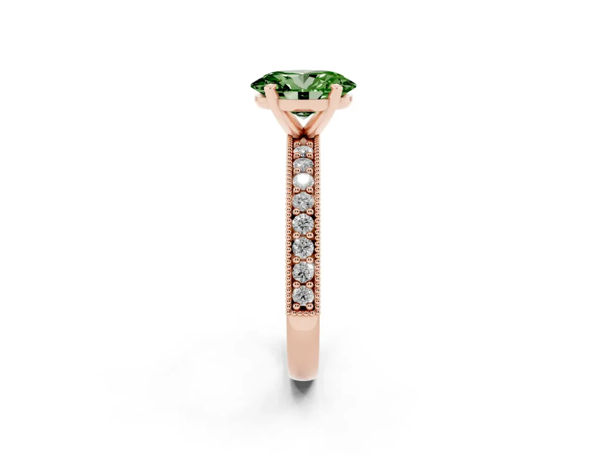 Fancy Green Oval Cut Diamond Milgrain Pavé Engagement Ring with Four-Prong Setting Rose gold