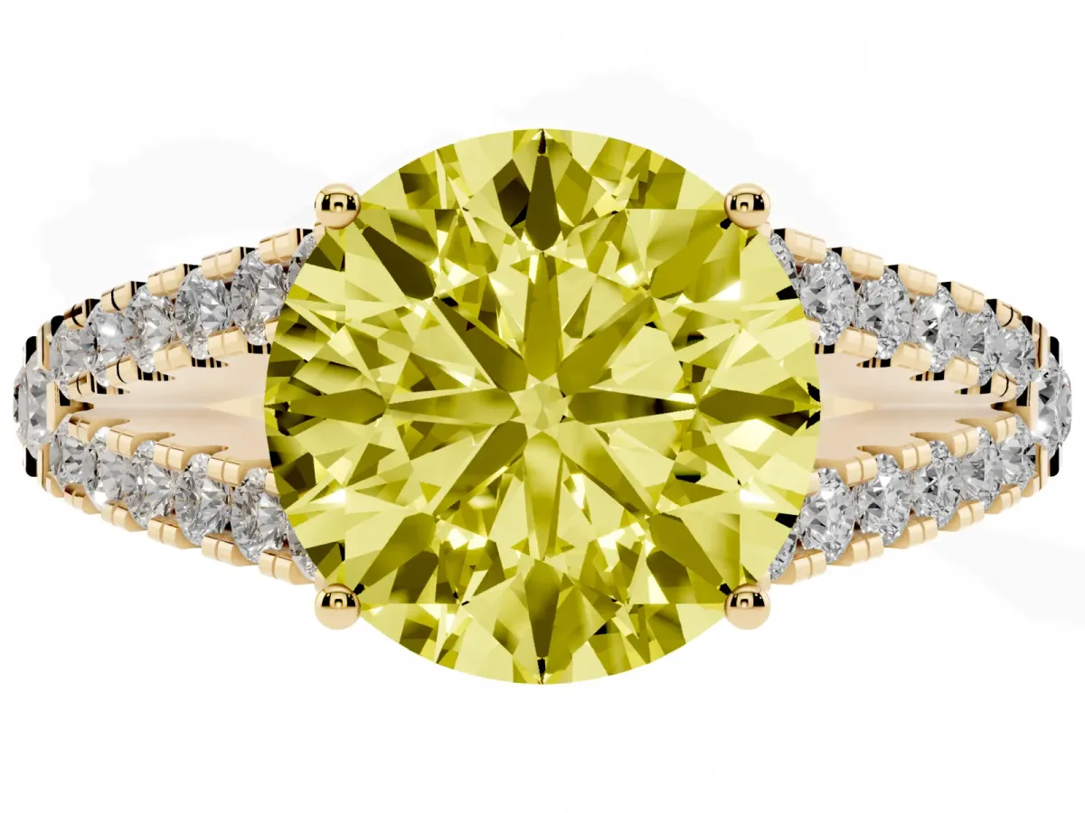Fancy Yellow Round Cut Diamond Split Shank Engagement Ring with Round Pavé and Prong Setting Yellow gold