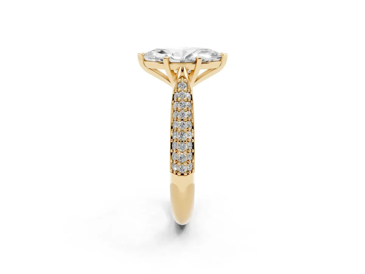 Marquise Cut Diamond Solitaire Engagement Ring with Multi-Row Round Pavé Band and Prong Setting Yellow gold