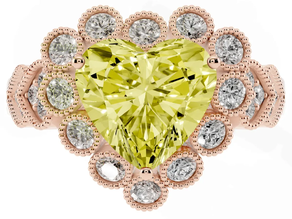 Fancy Yellow Heart Cut Brilliant Milgrain Pave Heart Band Solitaire Ring Rose gold