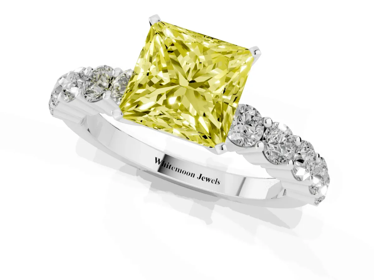 Fancy Yellow Princess Cut Diamond Solitaire Ring with Shared Prong Round Side Stones Platinum