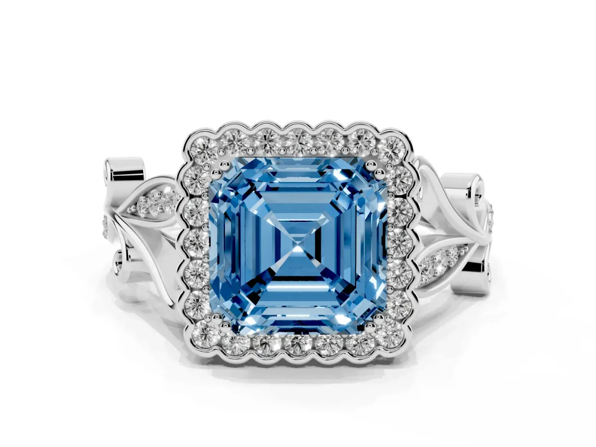 Fancy Blue Asscher Cut Diamond Halo Ring with Vintage Split Shank and Four-Prong Setting Silver