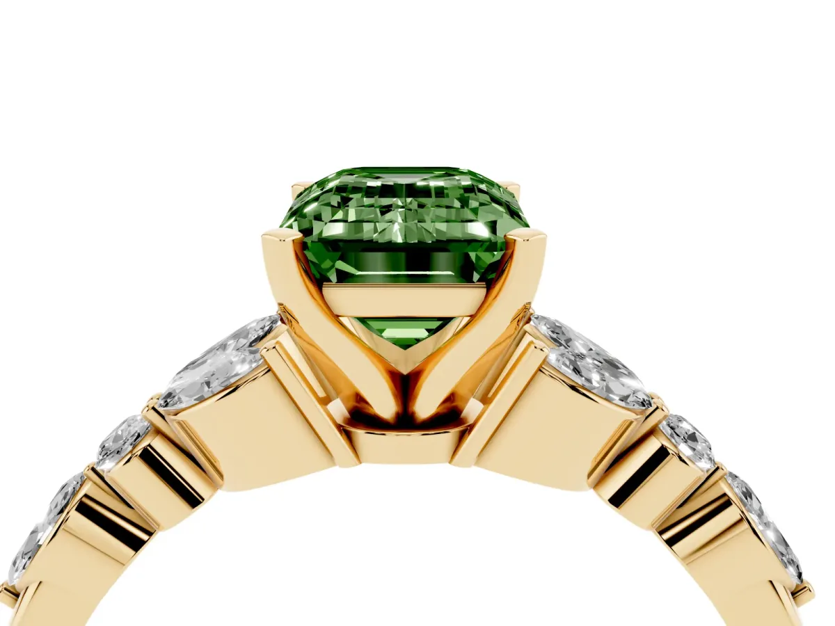 Fancy Green Emerald Cut Diamond Solitaire Ring with Side Stones and Four-Prong Setting Yellow gold