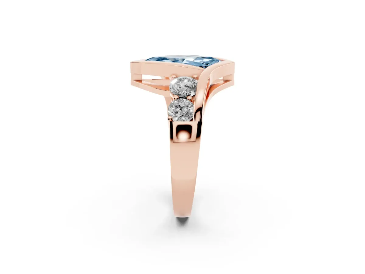 Fancy Blue Bezel Set Marquise Cut Diamond Bypass Ring with Round Accents Rose gold