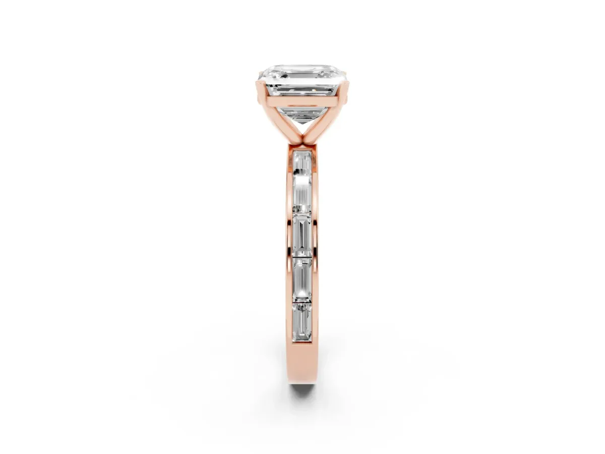 Asscher Cut Solitaire Diamond Ring with Channel-Set Baguette Band and Four-Prong Setting Rose gold