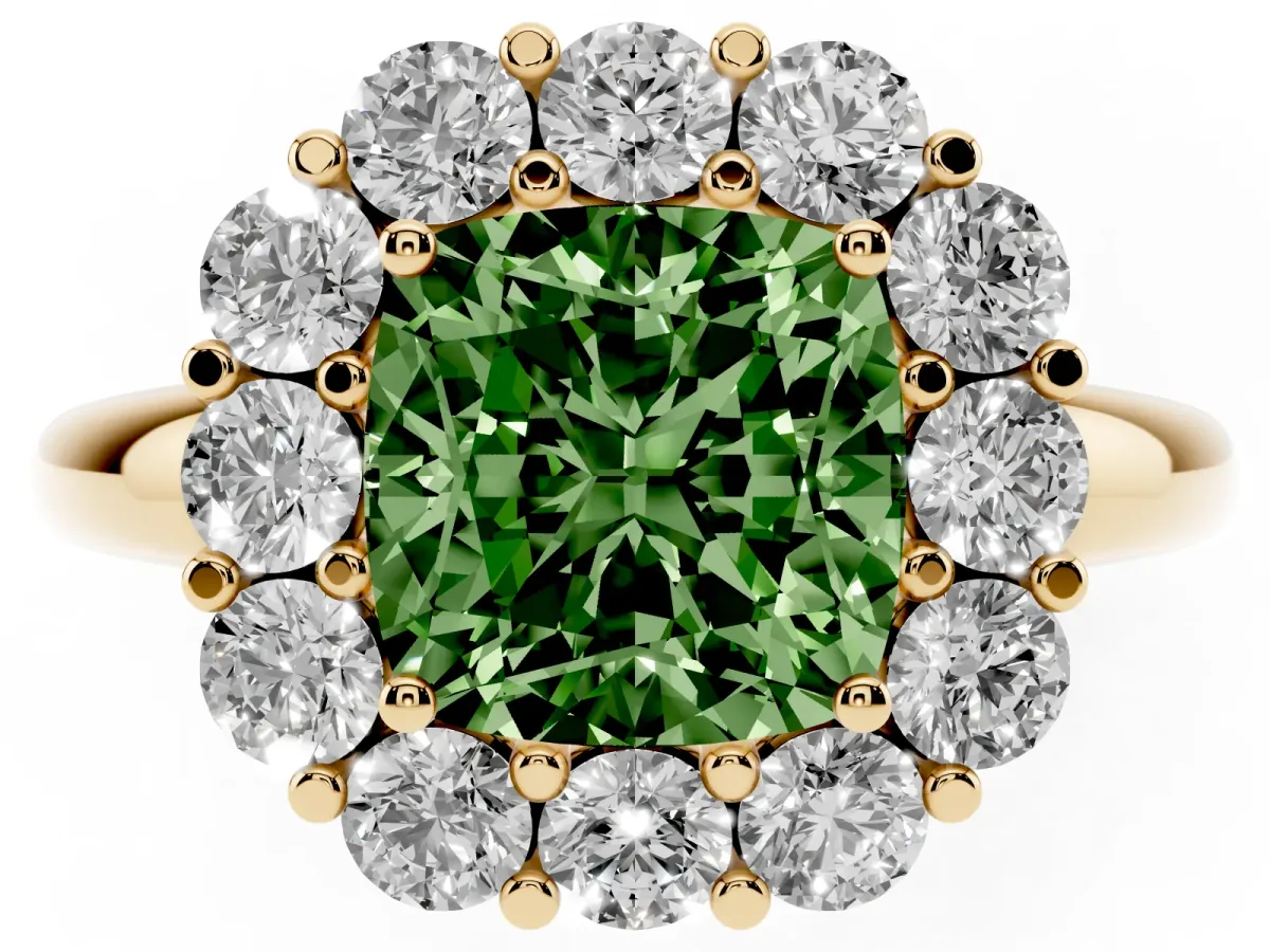 Fancy Green Cushion Cut Halo Cluster Diamond Engagement Ring with Prong Setting and Polished Band Yellow gold