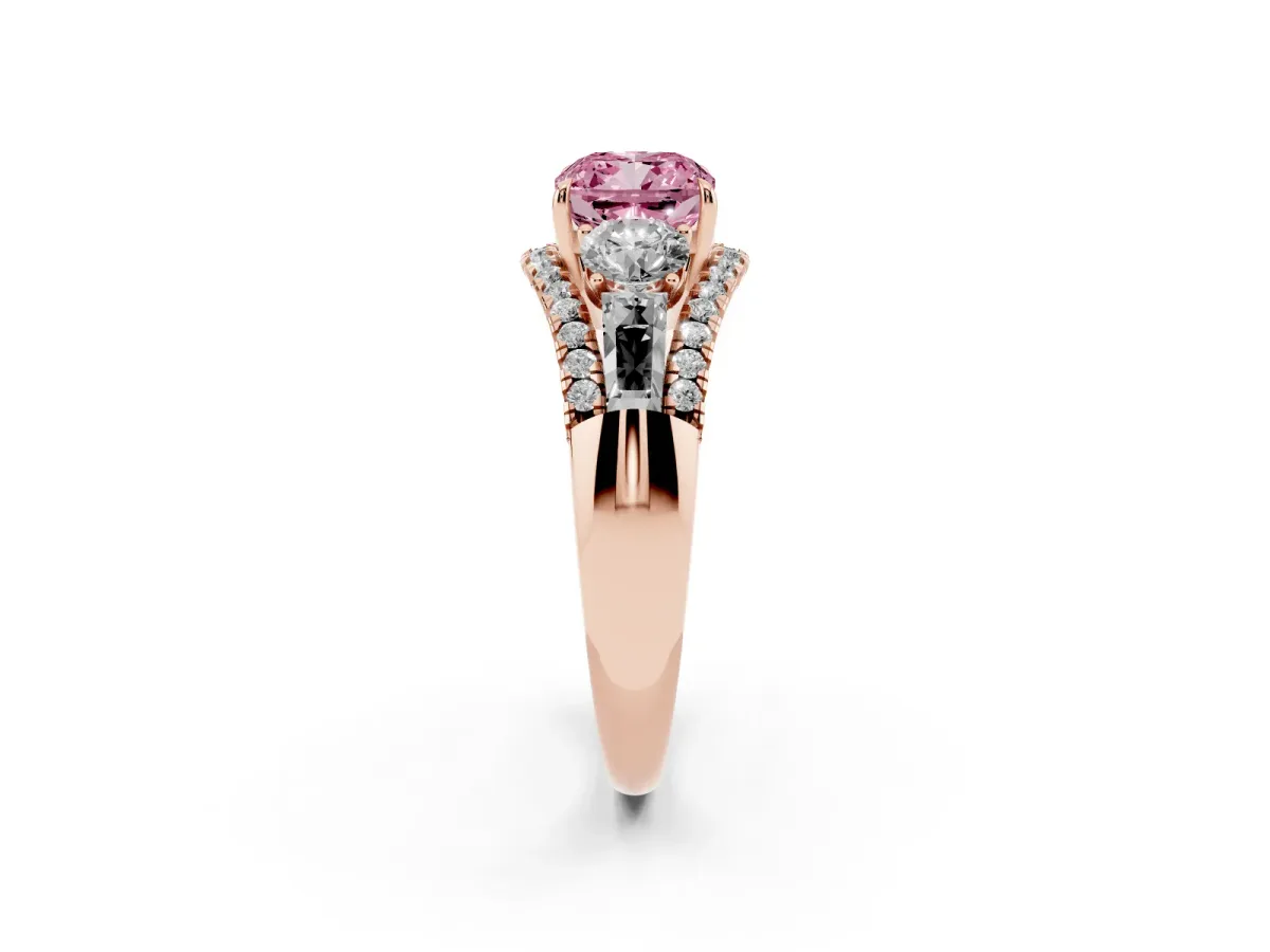 Fancy Pink Three-Stone Cushion Cut Diamond Engagement Ring with Pave Band and Prong Setting Rose gold