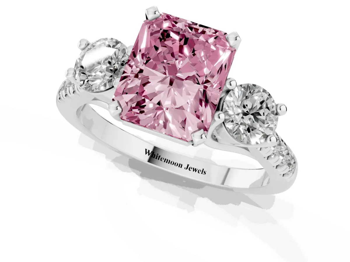 Fancy Pink Three-Stone Radiant Cut Diamond Pavé Band with Four-Prong Setting Silver