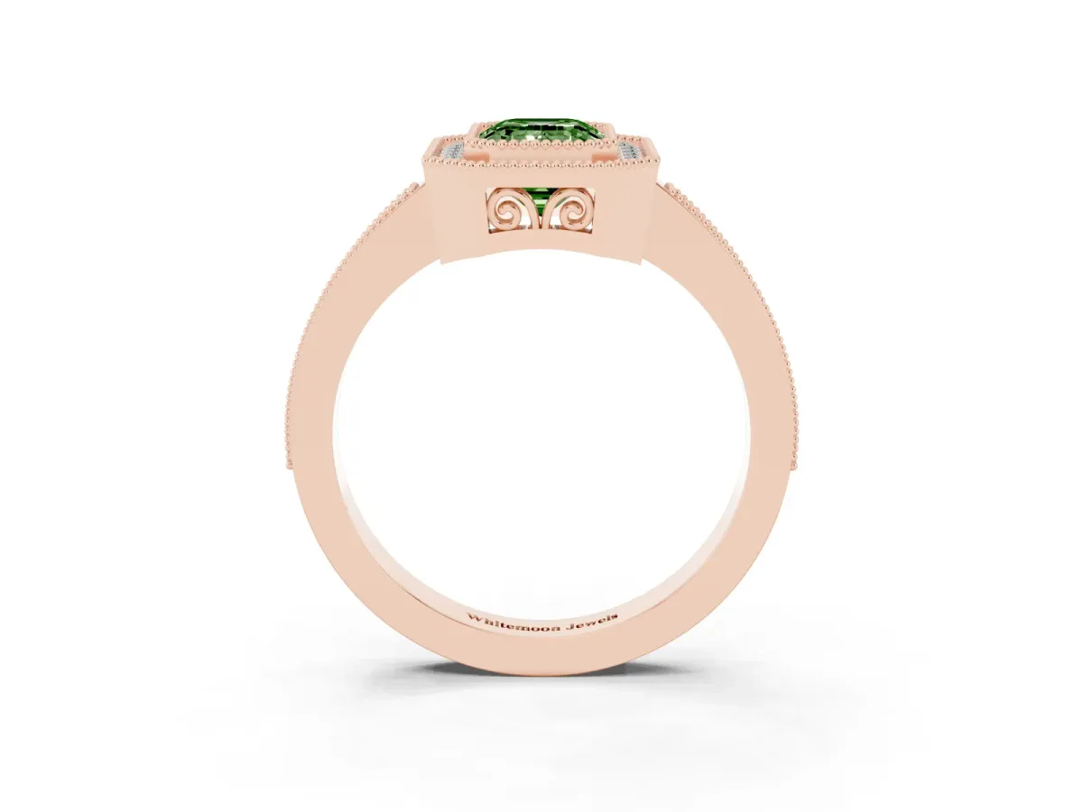 Fancy Green Emerald Cut Cut Halo Diamond Ring with Pavé Band and Milgrain Prong Setting Rose gold